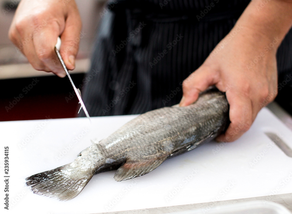 Gutting and cleaning fresh fish in kitchen sink, preparing fish. Stock  Photo | Adobe Stock