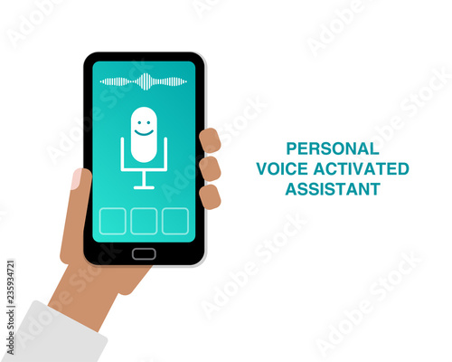 Hand holding cell phone with app of personal voice activated assistant flat illustration