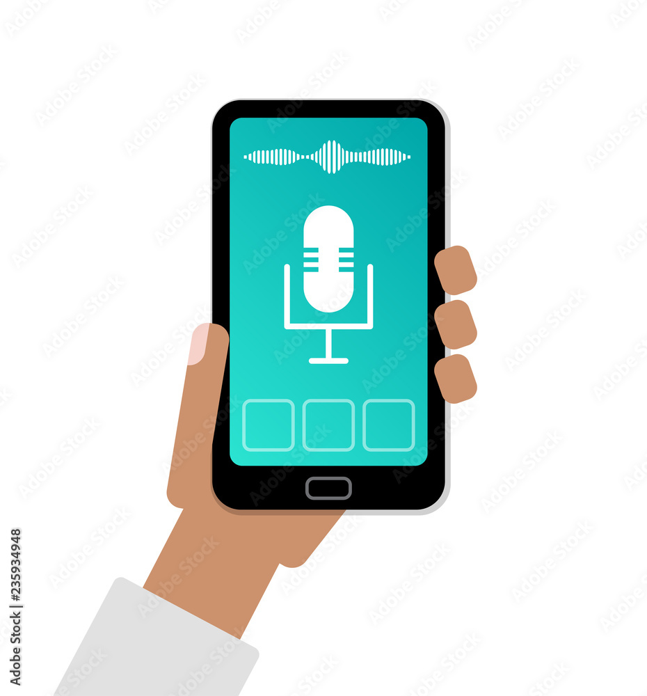 Hand holding cell phone with app of personal voice activated assistant flat illustration Hand holding cell phone with app of personal voice activated assistant flat illustration