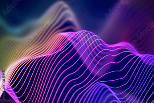 3D Sound waves. Big data abstract visualization. Digital technology concept: virtual landscape. Futuristic background. Colored sound waves, visual audio waves equalizer, EPS 10 vector illustration. © Maksim Kabakou