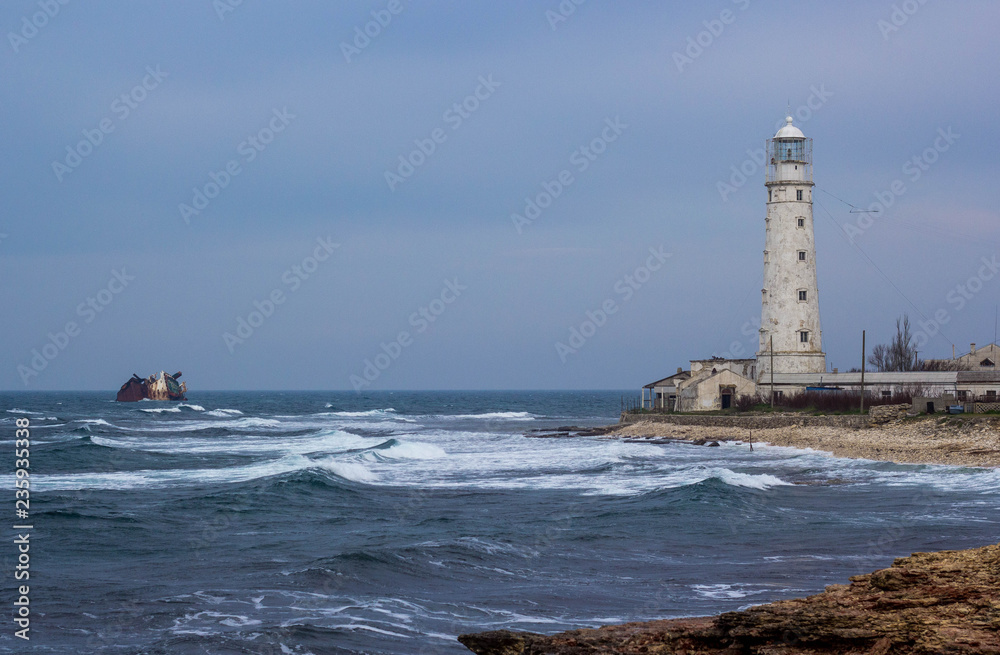 The Tarkhankut lighthouse. Cape Tarkhankut, south-western cape of the Tarkhankut Peninsula, Crimea