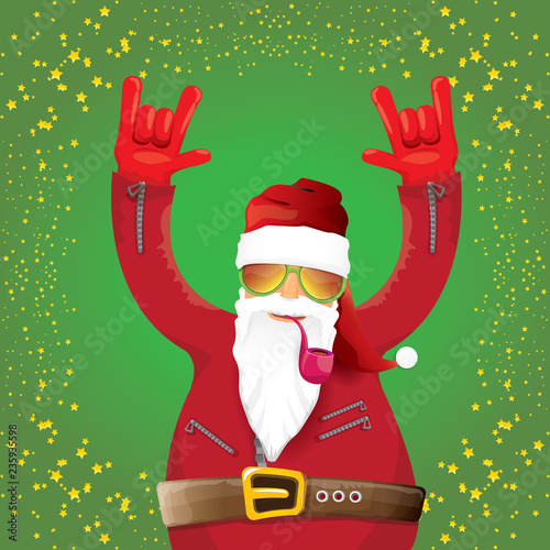 vector DJ rock n roll santa claus with smoking pipe, santa beard and funky santa hat isolated on green christmas square background with stars. Christmas hipster party poster, banner or card.
