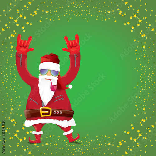 vector DJ rock n roll santa claus with smoking pipe, santa beard and funky santa hat isolated on green christmas square background with stars. Christmas hipster party poster, banner or card.