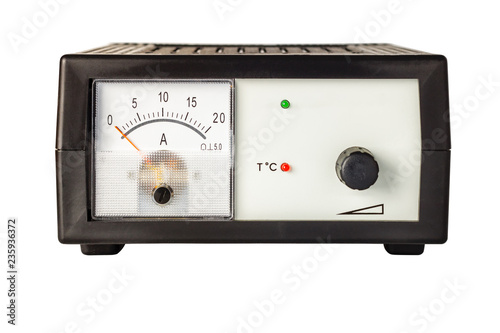 The front panel of the car battery charger on the white background