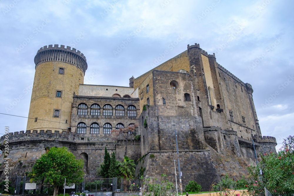 Scenic view of new castle (Castel Nuovo) in ancient touristic town Naples (Napoli) in Italy