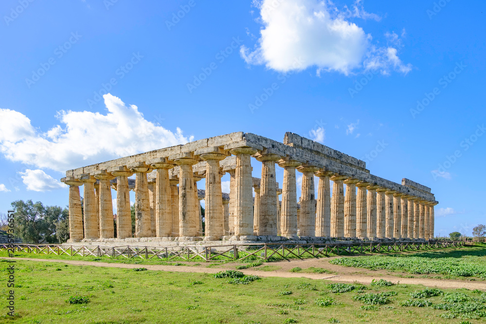Scenic view of ruins of ancient greek temple in ancient touristic town Paestum in Italy