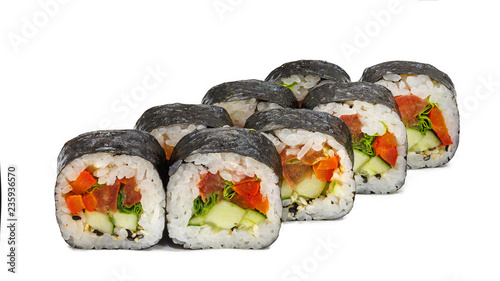 Japanese rolls, sushi on a white background