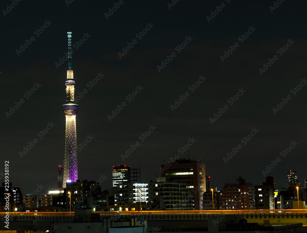 Tokyo skytree tower in Janpan in night light with brigde and building