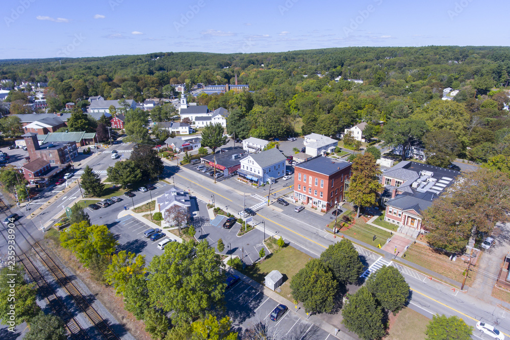 Ashland town center aerial view including Federated Church and Town Hall in Ashland, Massachusetts, USA.