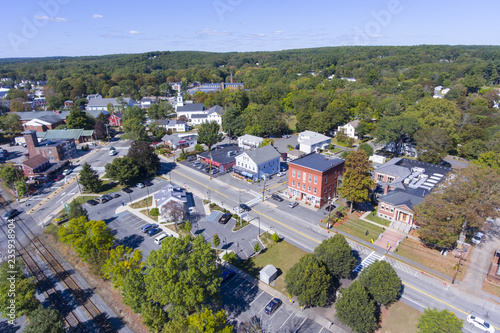 Ashland town center aerial view including Federated Church and Town Hall in Ashland, Massachusetts, USA. photo
