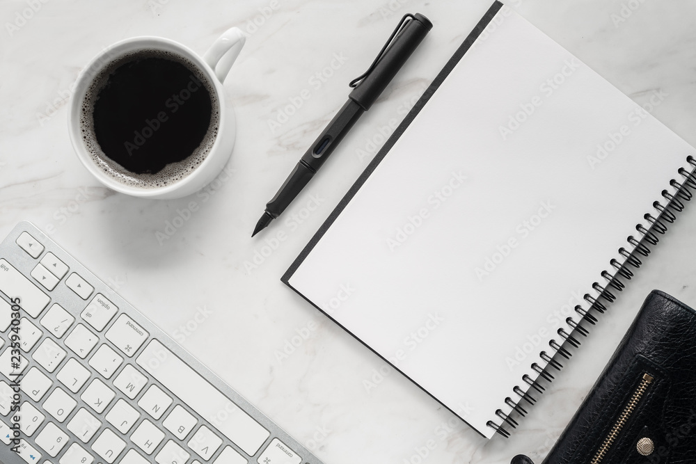 Home office workspace mockup with laptop, notebook and accessories on white background. Flat lay, top view Home office workspace mockup with laptop, notebook and accessories on white background. Flat lay, top view