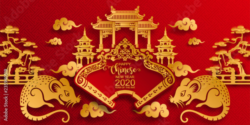 Happy chinese new year 2020 Zodiac sign with gold rat paper cut art and craft style on color Background.  Chinese Translation   Year of the rat  