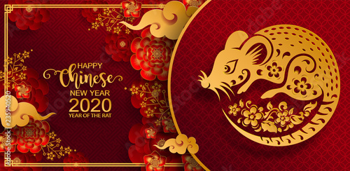 Happy chinese new year 2020 Zodiac sign with gold rat paper cut art and craft style on color Background.( Chinese Translation : Year of the rat )