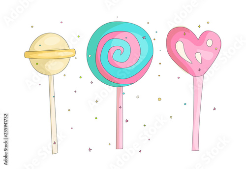 Cute funny Girl teenager colored icon set lollipops, fashion cute teen and princess icons. Magic fun cute girls lollipops hand draw teens icon collection.