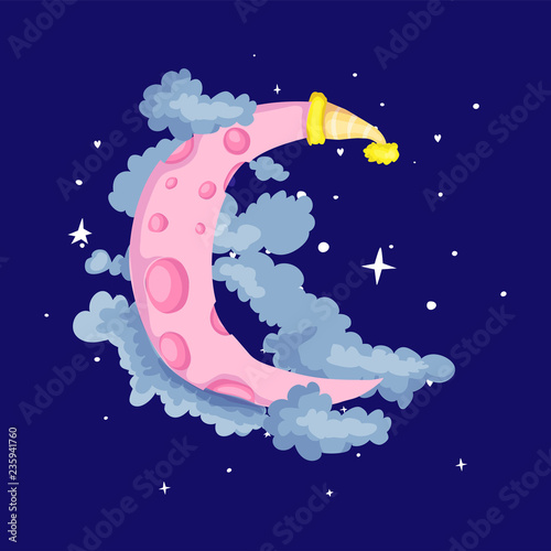Fun cartoon pink crescent moon with cap among the stars and clouds icon. Pink magic crescent moon with decoration on blue background. Magical pink crescent moon in dreams vector icon.
