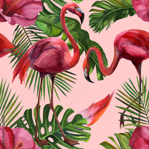 Watercolor tropical wildlife, flamingo bird, seamless pattern. Hand Drawn jungle nature, flowers illustration. Print for textile, cloth, wallpaper, scrapbooking