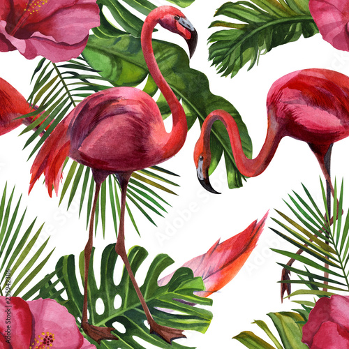 Watercolor tropical wildlife, flamingo bird, seamless pattern. Hand Drawn jungle nature, flowers illustration. Print for textile, cloth, wallpaper, scrapbooking
