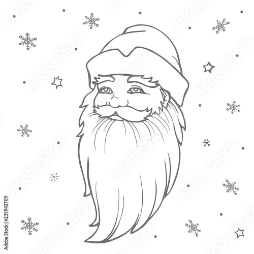 Portrait of Russian Santa Claus. Black and white vector sketched illustration with snowflakes. Icon traditional New Year character. Outlined for coloring book