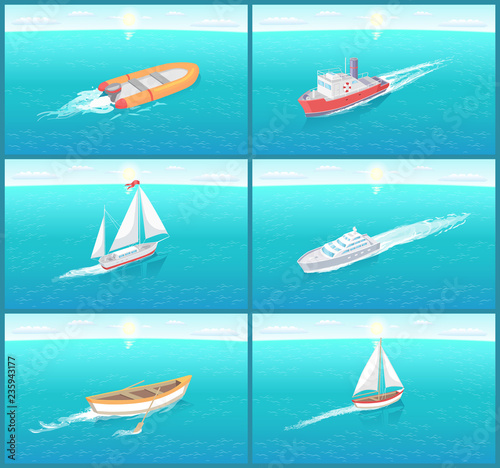 Water Transport Travel Means Boats Set Vector