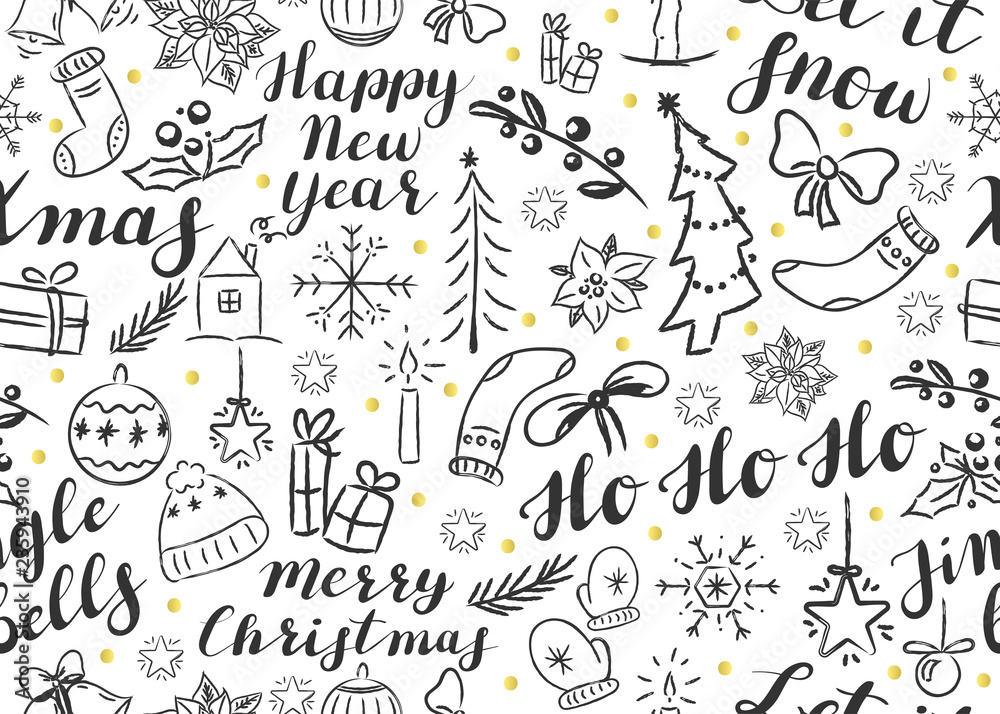 Seamless Christmas pattern with lettering and doodles Seamless Christmas pattern with lettering and doodles