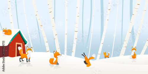 Winter landscape vector illustration. Fox village in the winter forest background.
