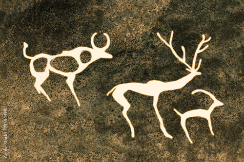 the image of ancient animals on the cave wall, ancient deer, the history of antiquities, archeology.