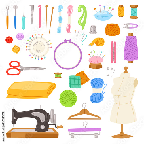 Sewing vector tailor tools sew needle thread scissors fabric spool design for tailoring hobby illustration fashion set of sewer needlework dressmaking accessories isolated on white background