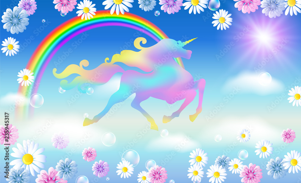 Rainbow in the sky and galloping unicorn with luxurious winding mane against the background of the iridescent universe with flowers Rainbow in the sky and galloping unicorn with luxurious winding mane against the background of the iridescent universe with flowers