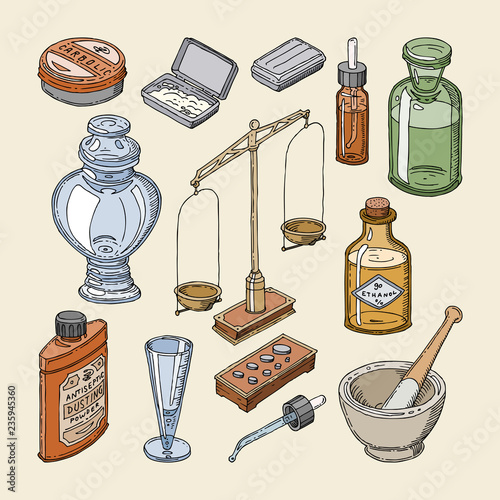Pharmacy bottles vector vintage medical glass old drug container with chemical liquid medicine and scales illustration pharmaceutical chemistry set isolated on background