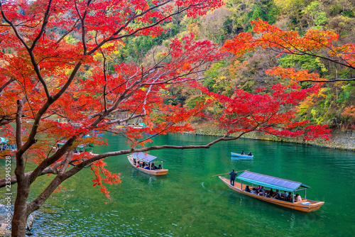 Colorful Arashiyama in autumn season along the river in Kyoto