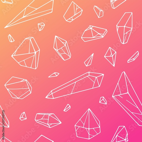 Crystal vector seamless pattern on gradient background. Set of white crystals on pink and orange background.  Perfect for fabric and wrapping.