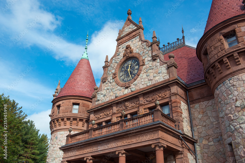 Wellesley Town Hall was built in 1883 with Richardsonian Romanesque style in Wellesley, Massachusetts, USA.