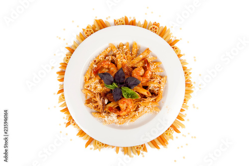 Top view pasta with meat on the white background. 