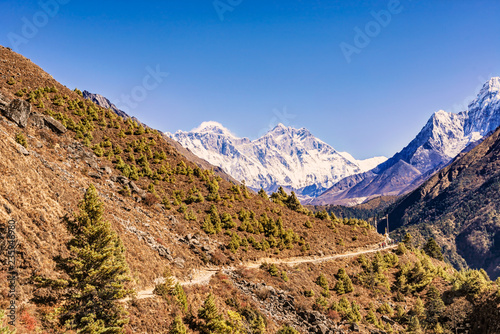 View of Everest and Lhotse Peak from the trekking route to Everest Base Camp in Nepal.