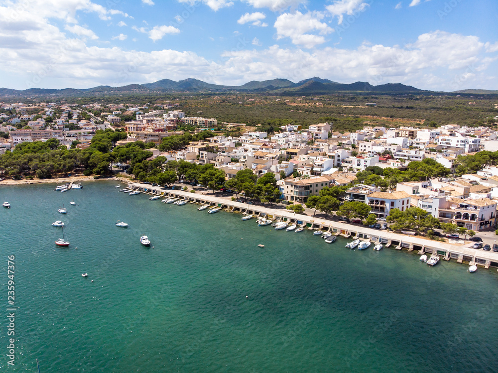 Aerial view, Spain, Balearic Islands, Mallorca, Portocolom, Punta de ses Crestes, Portocolom bay