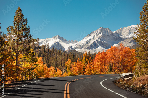 Empty road surrounded by colorful trees and snow covered mountains in the distance