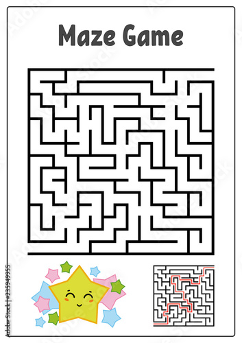 Abstract square maze. Kids worksheets. Game puzzle for children. Funny star and mushroom on a white background. One entrances, one exit. Labyrinth conundrum. Vector illustration. With the answer.