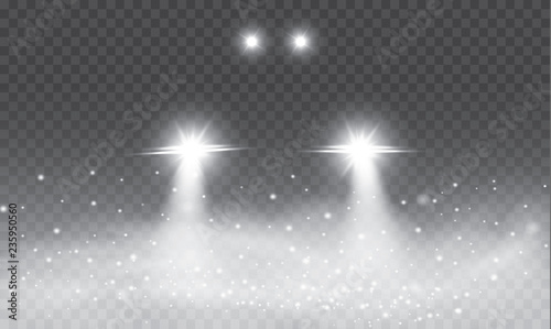 Car head lights shining from darkness background.Vector silhouette of car with headlights on black background. Easy light flash .Vector illustration.