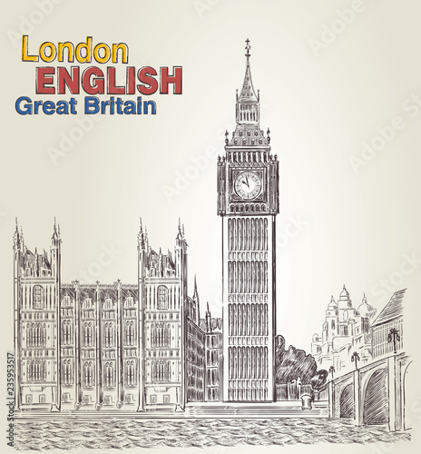 Postcard with retro vector Big Ben. Engraving