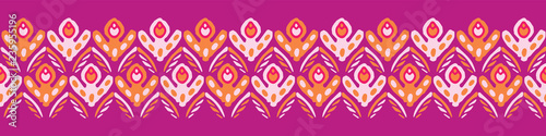 Stylized Retro Floral Seamless Vector Border. Colorful Boho Folk Flowers  Banner. Vintage 1970's Style on Purple Background. Trendy for Girl Stationery, Floral Packaging, Kitchen Ware, Isolated Edging