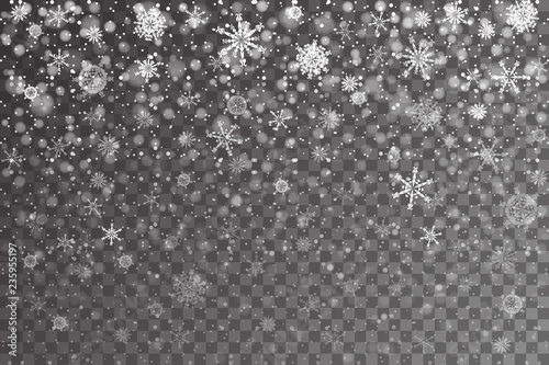 Christmas snow. Falling snowflakes on transparent background. Snowfall. Vector illustration, eps 10.