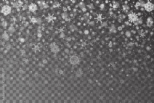 Christmas snow. Falling snowflakes on transparent background. Snowfall. Vector illustration, eps 10.