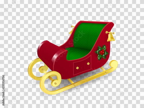 Christmas sleigh of Santa Claus with gold skids decorated with holly leaves and berries and golden bells. Realistic Vector Illustration in traditional colors isolated on transparent background.