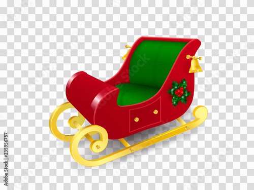 Christmas sleigh of Santa Claus with gold skids decorated with holly leaves and berries and golden bells. Realistic Vector Illustration in traditional colors isolated on transparent background.