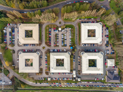 Aerial view of Office Business Park in St Mellons Town in Cardiff, Wales UK