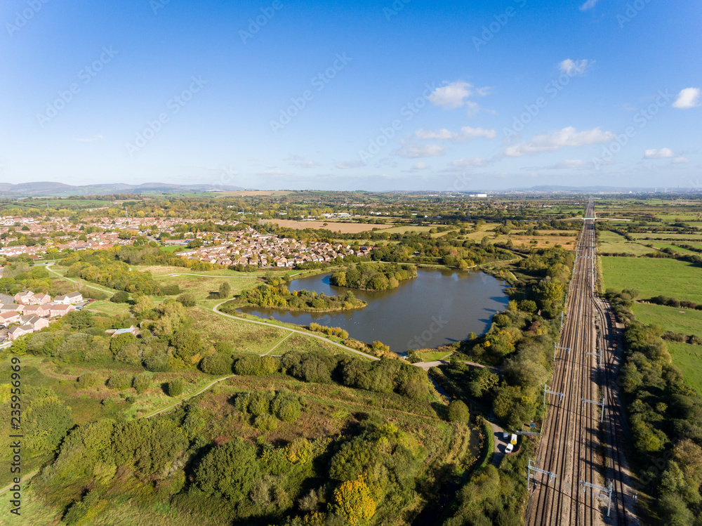 Aerial view of Railway Track in St Mellons Town in Cardiff, Wales UK