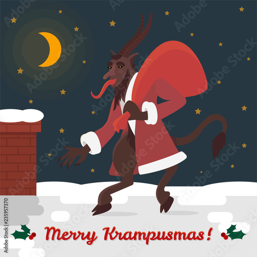 Vector illustration, greeting card with Krampus character on the roof in a costume of Santa Claus.