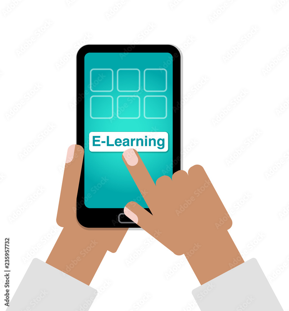E-Learning concept as hands finger choosing Online Education on cell phone E-Learning concept as hands finger choosing Online Education on cell phone