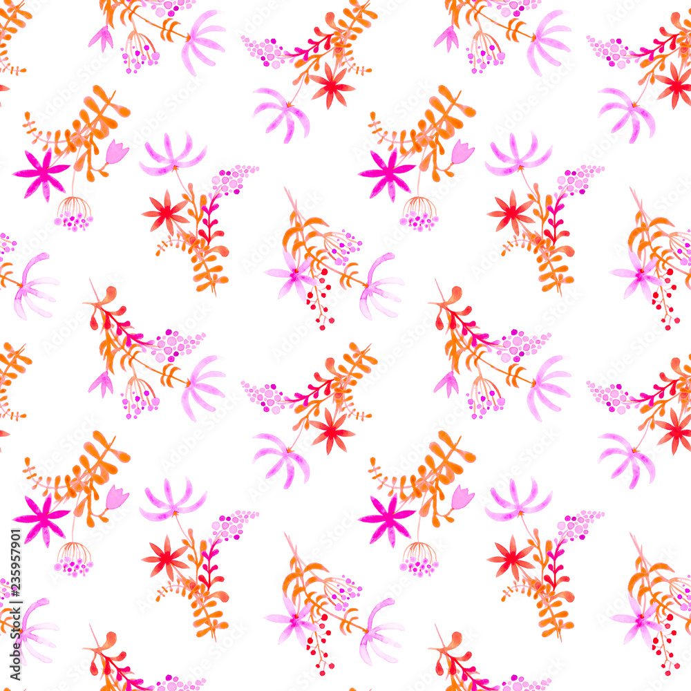 Cute watercolor floral seamless pattern. Pink boho