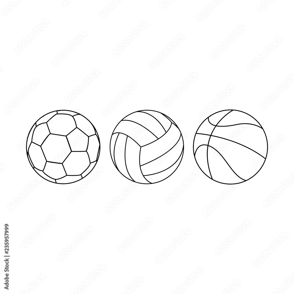 Sports balls. Vector line ball set for soccer basketball and volleyball. Basketball, volleyball and football balls illustration, icons.